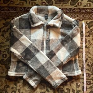 Shein Cropped Jacket Mini Flannel Buffalo Plaid Gray White Drop Shoulder